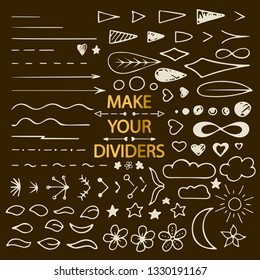Doodle dividers maker. Vector dividers elements collection. Hand drawn arrows, lines, stars, flowers for self design elements for notepads, diaries, journals