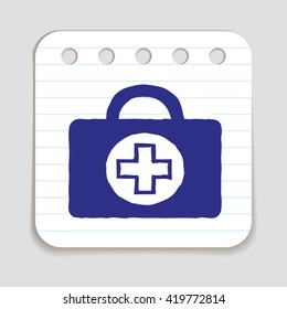 Doodle Doctors Bag icon. Hand drawn doodle with flowers and letters. Blue pen on notepad page. Shopping, price reduction, season advertising label. Vector illustration.