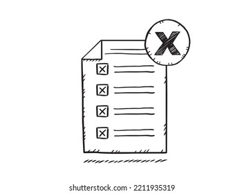 Doodle of document with checklist and wrong check marks. Hand drawn vector icon.