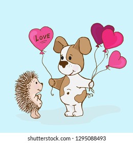 Doodle dog with a balloon gives the balloon with a love of the hedgehog