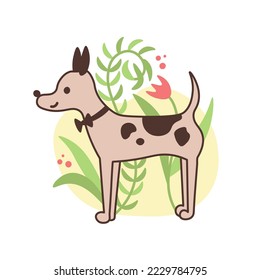 Doodle dog in bow tie with twigs and flowers. Funny hand drawn line art male puppy outside. Spotted thin dog outline vector illustration  