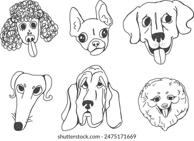 Doodle dog breeds faces outline drawing