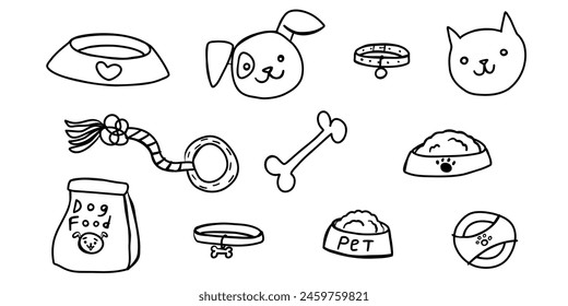 Doodle dog, cat, pet, veterinary set. Hand drawn toys and accessories for dogs. Feeding, playing, caring for the animal. Stock vector illustration on a white background.