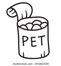 Doodle dog food metal can for pet.Outline vector illustration.Isolated on white background.Domestic dog food.