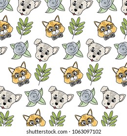 doodle dog and fox cute animal with flower background