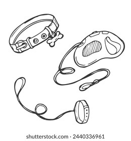 Doodle dog leash line set sketch in vector