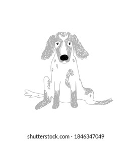 Doodle dog with long ears, large black nose. The hand-drawn spaniel sits with its legs apart and looks into the eyes. Vector stock illustration isolated on white background.