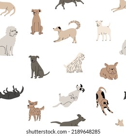 Doodle dog pattern. Seamless print of funny childish puppies for cut dogs brochure, cartoon hand drawn Scandinavian graphic with animal pets. Vector texture of animal pattern illustration