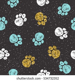 Doodle dog paw background. Gold, blue and white abstract paw track. Dog paw for card, invitation, album, scrapbook, holiday wrapping paper, textile fabric, garment etc.  Domestic animal. Gold texture.