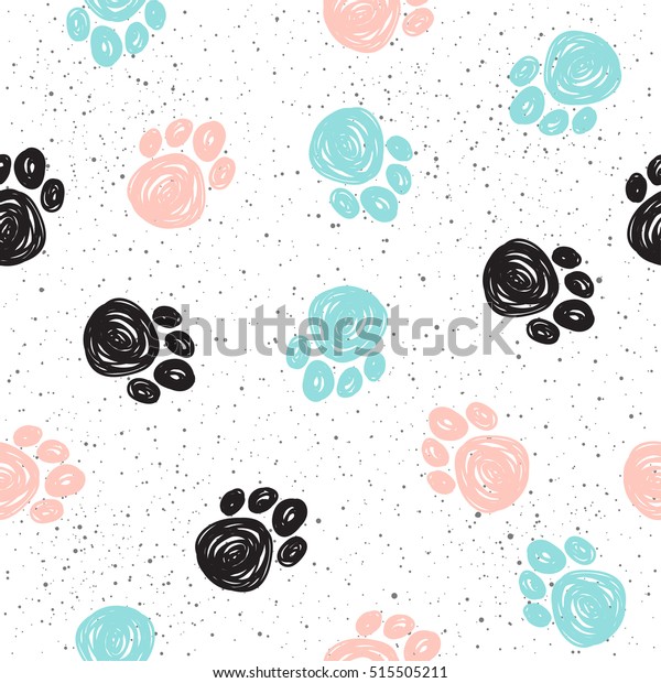 Doodle dog paw seamless background. Black, blue,\
pink paw track. Abstract dog paw seamless pattern for card,\
invitation, poster, banner, placard, diary, album, sketch book\
cover etc. Domestic\
animal