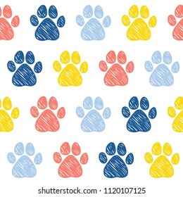 Doodle dog paw seamless pattern background. 