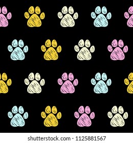 Doodle dog paw seamless pattern background. Abstract dog paw track swatch  for card, invitation, veterinarian clinic poster, textile, bag print, modern workshop advertising etc. 
