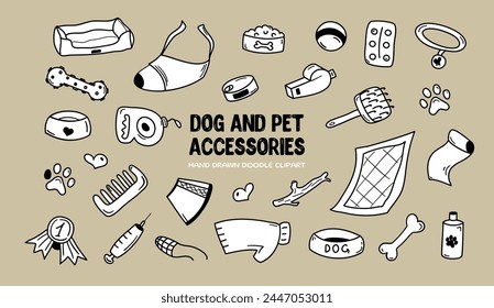 Doodle dog and pet accessories. Vector hand drawn illustration of cat and puppy care. Food, vet, toy, collar, paw, bed, bone etc