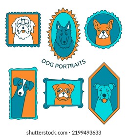 Doodle dog portraits set. Cute outline muzzles in vintage frames collection. Different dog breeds in simple borders. Hand drawn ink sketch. Vector illustration.