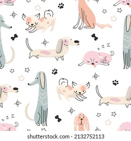 Doodle dog print. Funny dogs seamless pattern, childish scandinavian drawing puppy. Fabric design with cartoon pets, nowaday line animals vector background