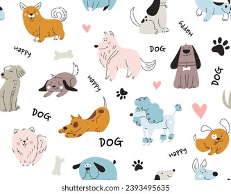 Doodle dog seamless pattern. Repeating design element for printing on fabric. Cute puppies near footprints. Pets and domestic animals with inscriptions. Cartoon flat vector illustration