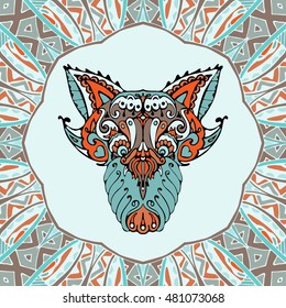 doodle dog , wolf, fox head decorated with doodle geometric ornament
