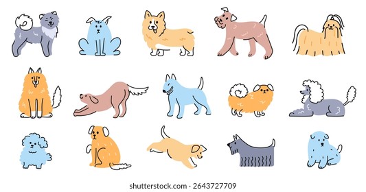 Doodle dogs. Cute hand drawn puppy, playful dog characters in various breeds and different poses for pet themed designs. Isolated animals vector illustration set.