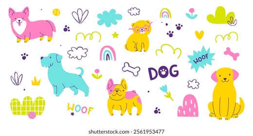 Doodle dogs set. Outdoor vector collection with colorful puppies for kids. Cartoon cute dogs bundle.