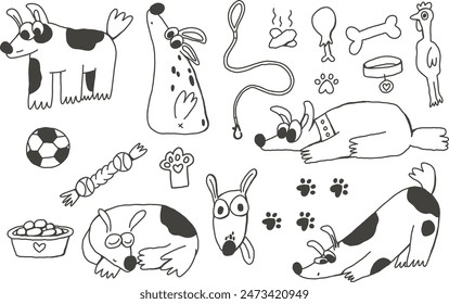 Doodle perros y juguetes contorno 