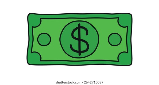 Doodle Dollar banknotes with black outline vector illustration design. Dollar Bill note money. US dollar currency. Green color.