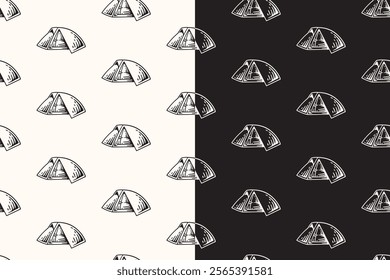 doodle dome tent seamless pattern on black white background for camping adventure merchandise.  retro outdoor camping tent pattern background. pattern of campsite tent vector background