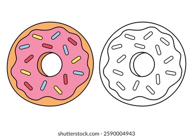 Doodle donut with pink glaze coloring pages for kids. Trace and color donut with pink glaze. Delicious donut with pink glaze icon, clip art, element, vector illustration in flat style.