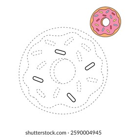 Doodle donut with pink glaze coloring pages for kids. Trace and color donut with pink glaze. Delicious donut with pink glaze icon, clip art, element, vector illustration in flat style.
