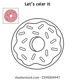 Doodle donut with pink glaze coloring pages for kids. Trace and color donut with pink glaze. Delicious donut with pink glaze icon, clip art, element, vector illustration in flat style.