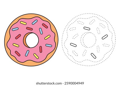 Doodle donut with pink glaze coloring pages for kids. Trace and color donut with pink glaze. Delicious donut with pink glaze icon, clip art, element, vector illustration in flat style.