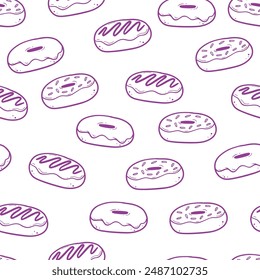 doodle donuts and bitten donuts hand drawn purple line art seamless pattern design on white background