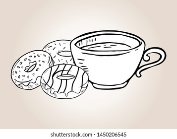 doodle donuts and coffee on paper background .Vector illustration in a doodle style for you