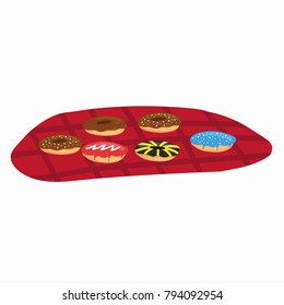 Doodle donuts or doughnut on red tablecloth vector illustration set