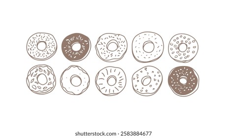 Doodle donuts pattern illustration. Sprinkles and toppings vary style. Perfect menu design pastry shop. Hand-drawn line art neutral background