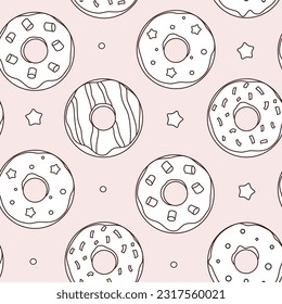 Doodle donuts seamless pattern. Various outline doughnuts and stars on pastel pale pink background. Hand drawn minimal endless kitchen textile or wallpapers print design. Vector illustration.