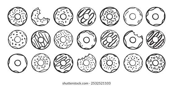 Conjunto de rosquinhas. desenhado à mão ícones de rosquinhas. Coleção de rosquinhas fofas. Donut Doodles Esboço de rosquinhas fofas. Ilustração vetorial