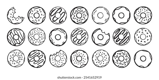 Doodle donuts set. dibujado a mano delinear iconos de donas. Colección de rosquillas lindas. Donut Doodles Boceto de donas lindas. Ilustración vectorial