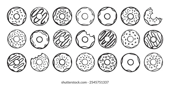 Doodle donuts set. dibujado a mano delinear iconos de donas. Colección de rosquillas lindas. Donut Doodles Boceto de donas lindas. Ilustración vectorial