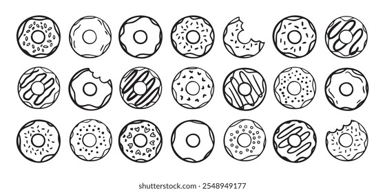 Conjunto de rosquinhas. desenhado à mão ícones de rosquinhas. Coleção de rosquinhas fofas. Donut Doodles Esboço de rosquinhas fofas. Ilustração vetorial