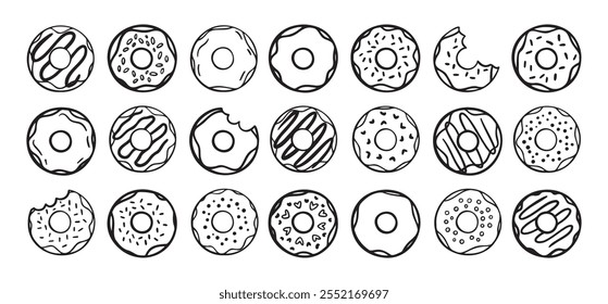 Doodle donuts set. dibujado a mano delinear iconos de donas. Colección de rosquillas lindas. Donut Doodles Boceto de donas lindas. Ilustración vectorial