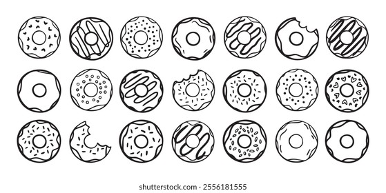 Doodle donuts set. hand drawn outline donut icons. Collection of cute doughnuts. Donut Doodles Sketch of cute donuts. Vector illustration