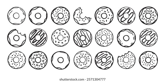 Doodle donuts set. hand drawn outline donut icons. Collection of cute doughnuts. Donut Doodles Sketch of cute donuts. Vector illustration