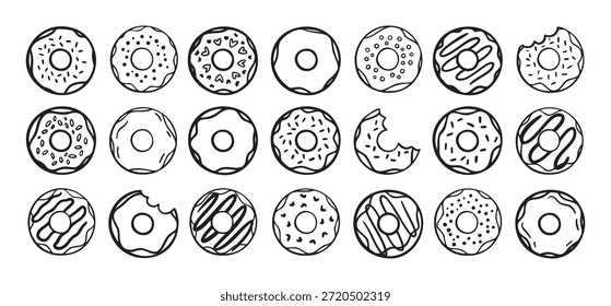 Doodle Donuts Set. handgezeichnete Kontur-Donut-Symbole. Sammlung von süßen Donuts. Donut Doodles Skizze von süßen Donuts. Vektorgrafik