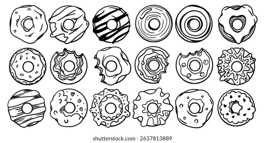Doodle donuts set with hand-drawn outline icons. Collection of cute and playful doughnut sketches. Perfect for bakery designs, menus, kids’ projects, and sweet-themed illustrations. Vector art.