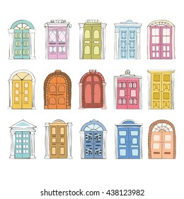 Doodle Doors vector set. Hand drawn Double Doors in cartoon style. Antique and Old doors vector illustration. Set of  Doors windows isolated on white background.