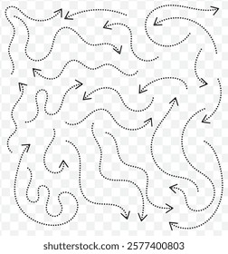 Doodle dot line arrows. Vector dots linear arrow set, dashed or dotted moving navigation direction collection isolated on transparent background. eps 10.