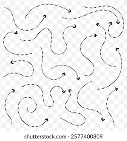 Doodle dot line arrows. Vector dots linear arrow set, dashed or dotted moving navigation direction collection isolated on transparent background. eps 10.