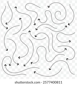 Doodle dot line arrows. Vector dots linear arrow set, dashed or dotted moving navigation direction collection isolated on transparent background. eps 10.