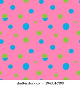 Doodle dots seamless pattern. Hand drawn decor textile, cute ornament blue and green circles on pink background. Abstact simple childish texture, wrapping paper wallpaper vector print or fabric
