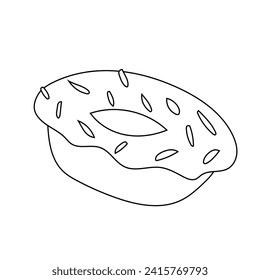 Doodle doughnut, sweet dessert with candies. Cream donuts, cartoon pastry isolated on white background.